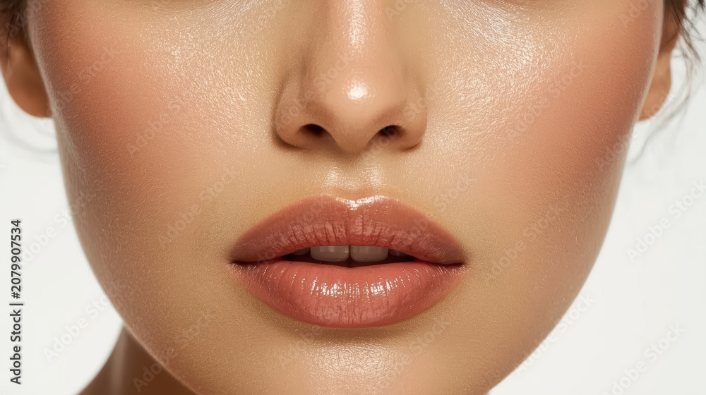 Obraz premium Glossy lips close up beauty portrait with dewy skin and natural makeup