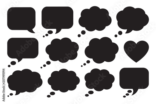 Collection of various black chat speech bubbles and thought clouds in different shapes for comic design elements isolated on transparent background vector set.