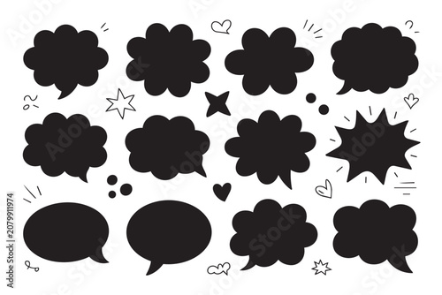 Collection of hand drawn comic speech bubbles stars hearts and doodle elements for social media post design isolated on transparent background vector graphic set.