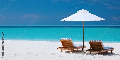 Pristine white sand beach with two chaise lounges and umbrella