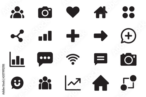 Comprehensive set of black flat social media icons for mobile apps and web design featuring heart shapes home buttons network signals and chat bubbles.