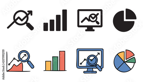 Collection of professional data visualization icons including bar graphs line charts pie diagrams and monitor screens for business reporting vector design.
