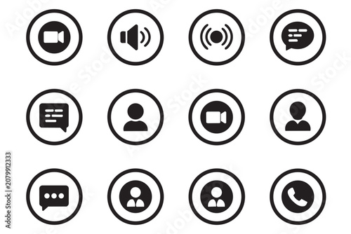 Set of black circular icons representing video calls volume controls user profiles and messaging history for modern business communication platforms.