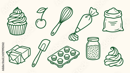Photos Collection of baking ingredients and tools, including a cupcake, cherry, whisk, piping bag, flour sack, butter, spatula, muffin tin, sprinkles, and frosting