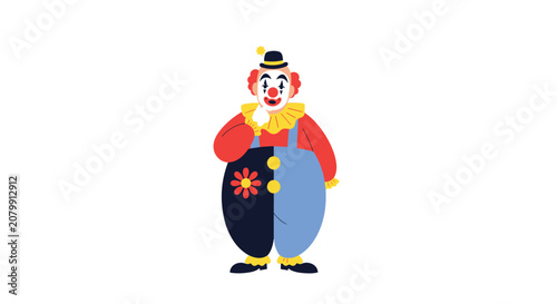 Cheerful fat cartoon clown in colorful overalls and a tiny bowler hat standing over a plain white background.