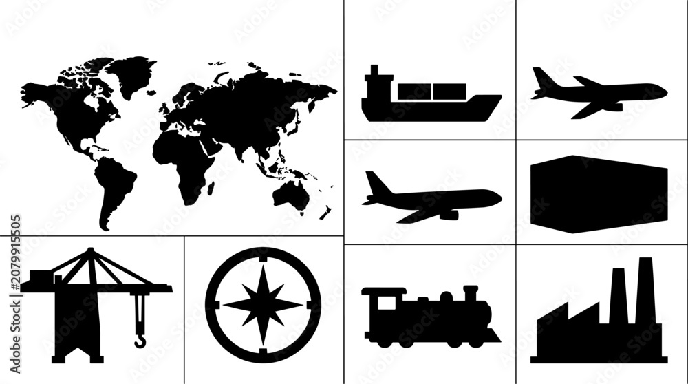 Obraz premium Set of black logistics and global transportation icons including shipping, aviation, rail, and industry
