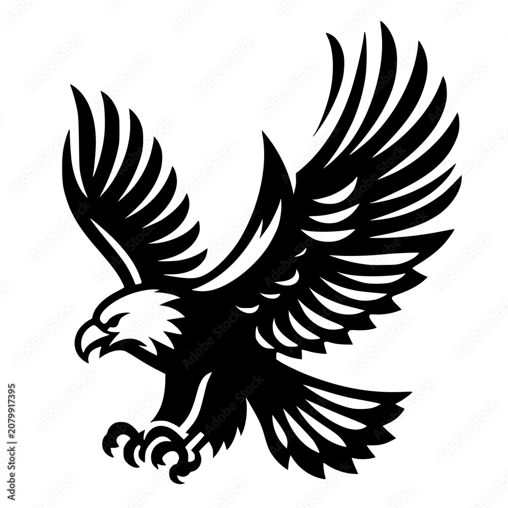 Fototapeta premium Black and white vector illustration of a majestic eagle flying with outspread wings and sharp talons, captured in a clean graphic silhouette style. Isolated on a white background.