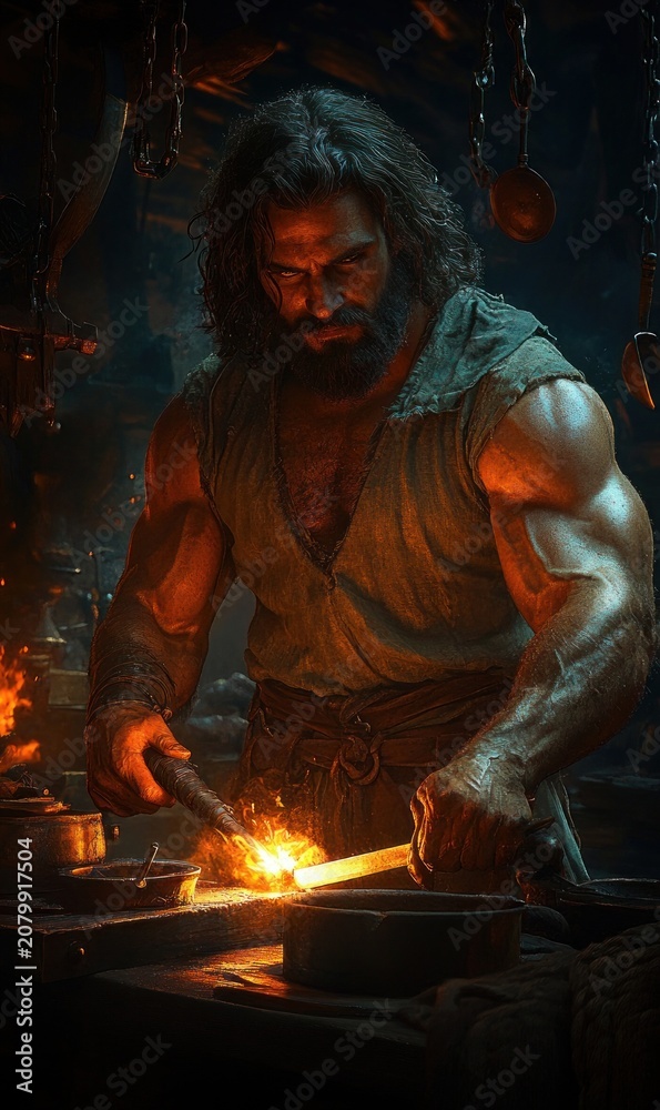 Fototapeta premium Muscular blacksmith in rugged apron hammering glowing hot metal on an anvil in a dim workshop with hanging chains and tools, sparks flying and intense focused determination