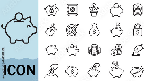 Tableau sur toile Piggy bank icon set for saving money and financial planning