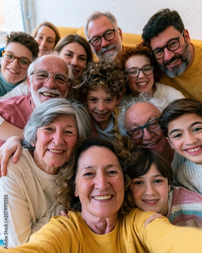 Large multi-generational family taking a joyful group selfie together, smiling and laughing in a sunlit living room for togetherness and lifestyle imagery