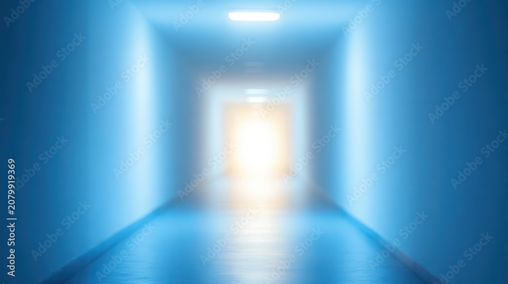 Fototapeta premium long blue corridor with overhead lights, reflective floor and a bright glowing exit at the vanishing point, soft-focus minimal interior evoking calm mystery and hopeful escape