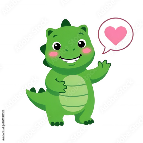 Green Cartoon Dinosaur Waving with Heart Speech Bubble