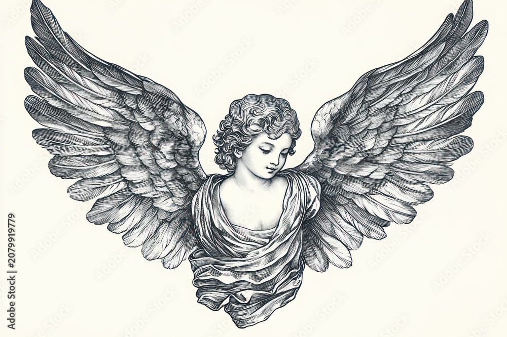 Obraz premium detailed monochrome ink illustration of an angelic bust with large outstretched feathered wings, draped garments and curly hair, face obscured, evoking a serene, majestic, ethereal mood