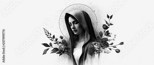 Virgin Mary Floral Engraving Illustration – AI Generative
