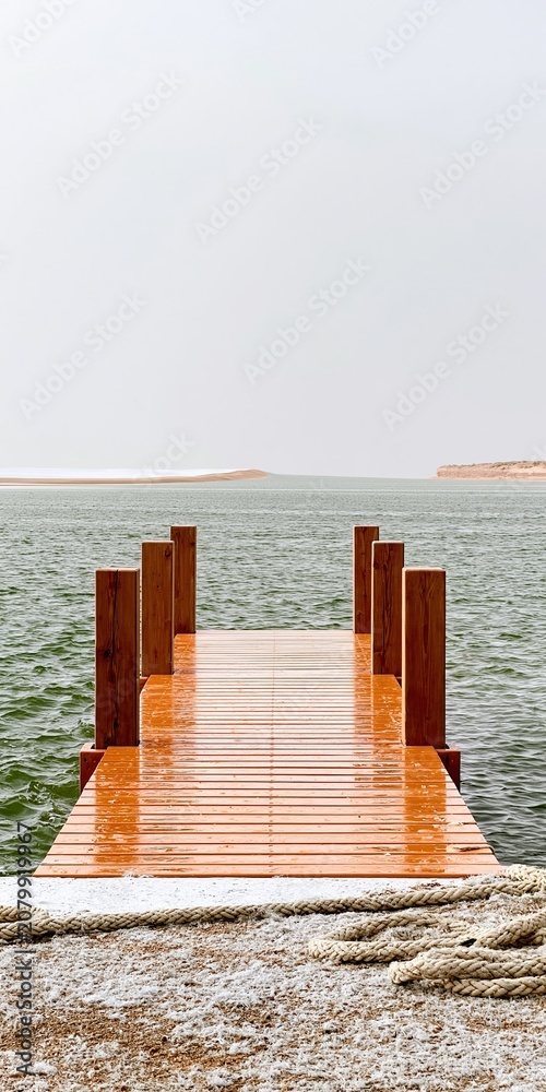 Fototapeta premium A wet wooden dock extending into a calm harbor with a surreal folding water surface on the horizon for climate change and storm surge concepts