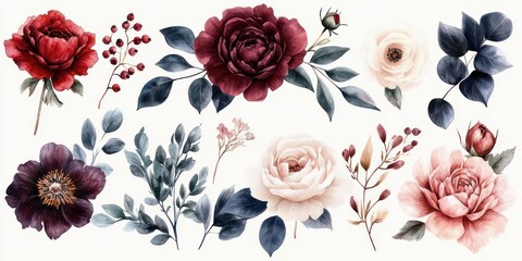 Watercolor floral collage of deep burgundy peonies, red roses, blush and cream roses, dark anemone, blue-gray eucalyptus leaves, berry sprigs and delicate buds evoking romantic elegance
