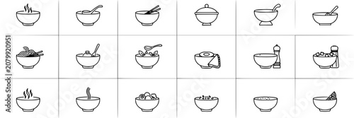 Soup Bowl Icons Set of 24 Black and White Line Art Illustrations for Menu, Restaurant, and Food Concept Design