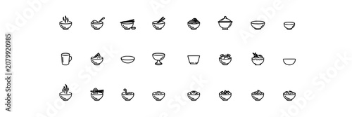 Soup Bowls Icon Set in Monochrome Line Style, Assortment of Bowl Shapes for Menu and Culinary Design Layouts