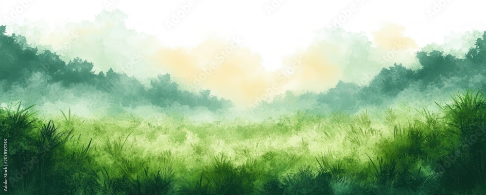 Fototapeta premium lush misty meadow with tall grasses, distant treeline and warm sunrise light, tranquil and peaceful morning landscape