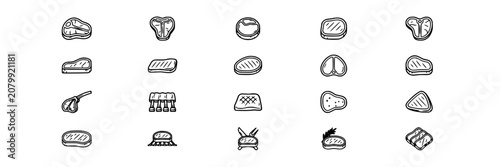 Steak Icons in Black and White Vector Illustration Set Featuring Meat, Food, Icon with Design and Cut Elements for Beef, Grill