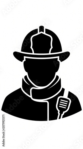 Minimalist black silhouette bust portrait icon of a firefighter isolated on white background for UI, apps, infographics and commercial design.