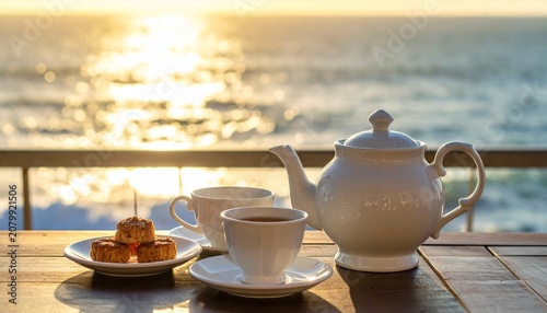 Tea and Pastries Served Outdoors at a Luxurious Seaside Resort During Golden Hour