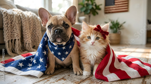 Cute french bulldog and fluffy kitten sitting together with an american flag indoors at home