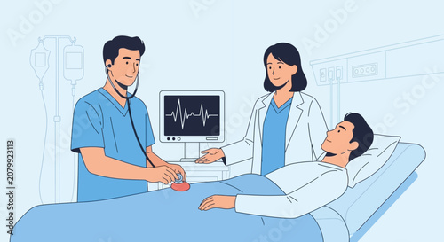 Doctor examining patient in hospital bed with medical equipment