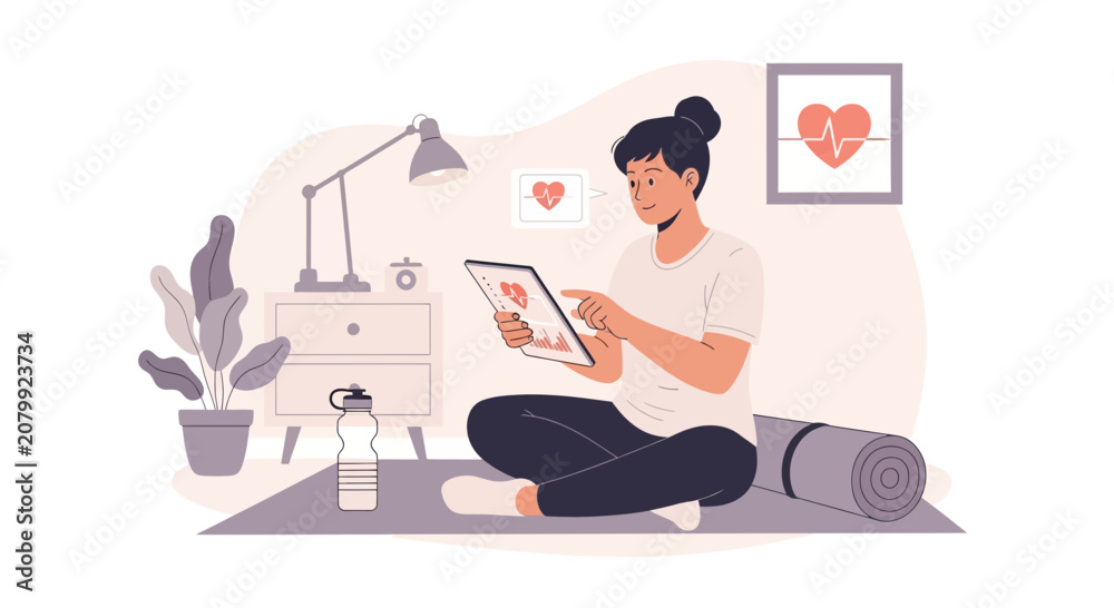 Fototapeta premium Woman checking heart rate on tablet after workout, health tracking illustration