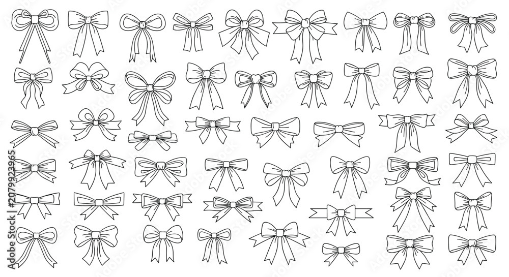 Obraz premium Elegant collection of various hand-drawn black and white ribbon bows is displayed on a clean white background.