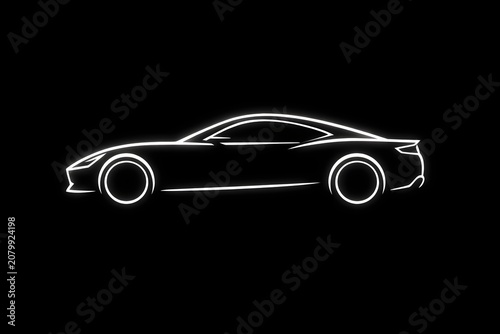Luxury Sports Car Side Outline in Glowing White Line on Black Background, Modern Automobile Design, Performance Vehicle and Minimal Neon Line Art