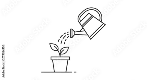Bild auf Leinwand Minimalist line art of a watering can watering a young potted plant