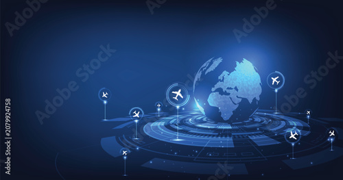 Airplane flies glowing 3D world map with interconnected travel routes. Represents global air travel, aviation logistics, and international connectivity in a digital tech style.