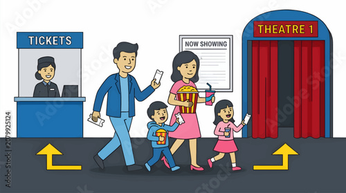 Bild auf Leinwand Flat Vector Illustration of a Diverse Family Arriving at a Cinema, Holding Ticke