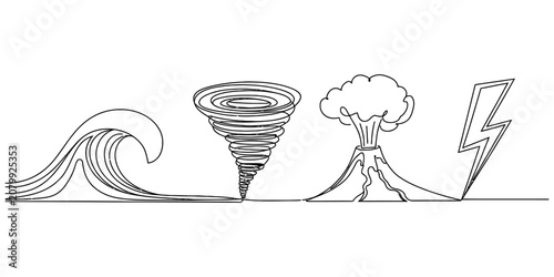 Tableau sur toile Continuous single line drawing of natural disasters including ocean wave, tornad