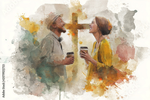 Christian Faith and Friendship – Young People Talking Near Cross.– Generative AI – no real persons