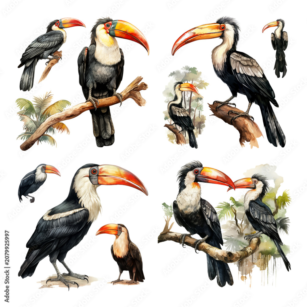 Fototapeta premium Artistic Watercolor Illustration Collection of Exotic Toucan Birds Perched on Tropical Branches