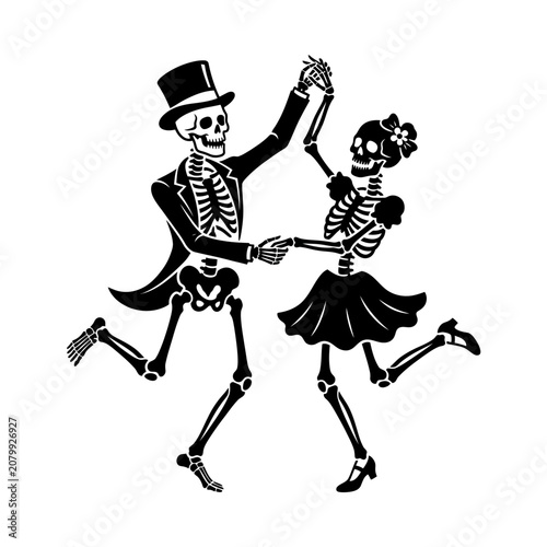 Photos Dancing skeletons, skulls, black and white, vector icons, Day of the Dead, Hallo