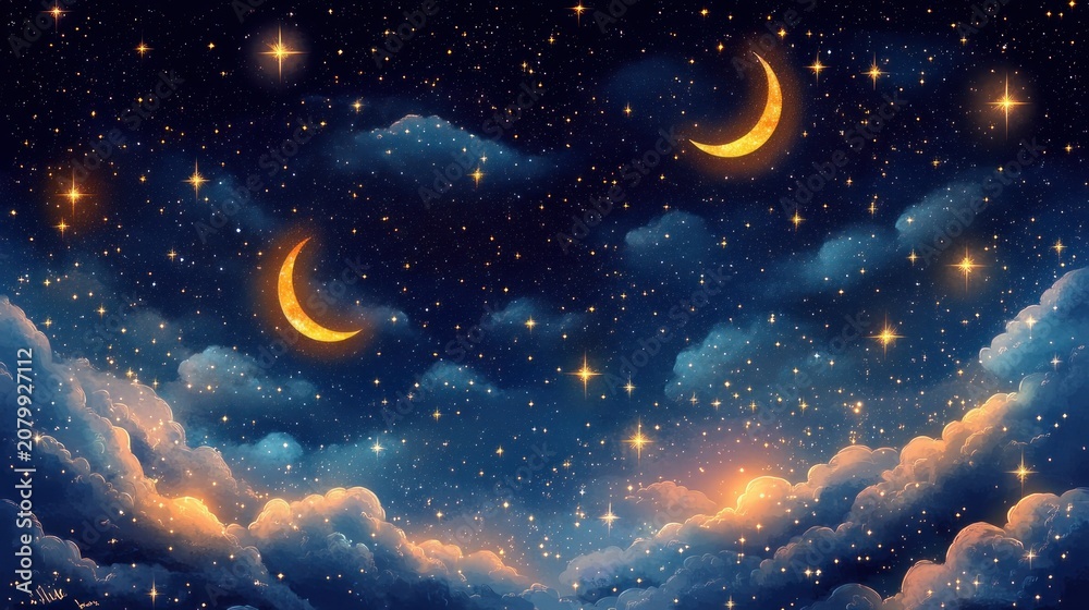 Naklejka premium Dreamy starry night with two glowing crescent moons, twinkling stars and soft luminous clouds conveying serene wonder