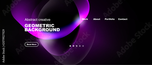 Modern website design features vibrant purple fluid shapes. Minimalist layout includes navigation options, text, dots. Dark background enhances visual impact.