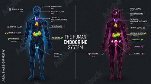 Educational infographic of the human endocrine system and gland functions