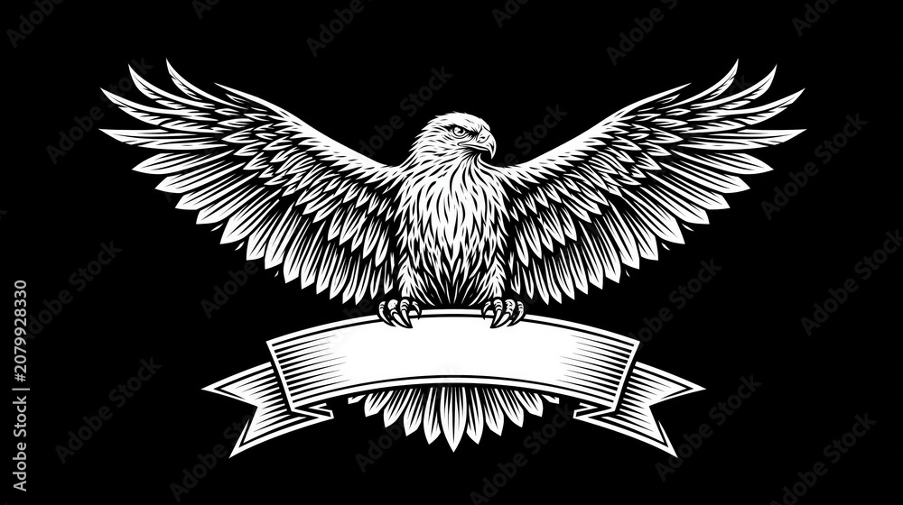 Fototapeta premium Vintage woodcut engraving style emblem of a bald eagle with open wings clutching a blank ribbon banner isolated on a black background created with Generative AI Technology, ai, generative