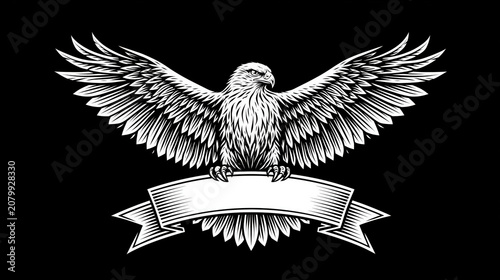 Vintage woodcut engraving style emblem of a bald eagle with open wings clutching a blank ribbon banner isolated on a black background created with Generative AI Technology, ai, generative