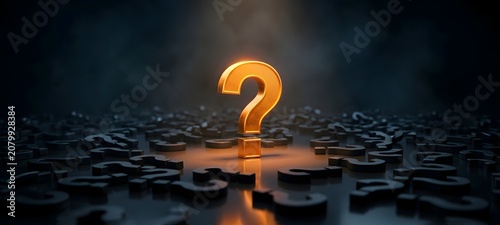 Glowing golden question mark standing out among dark symbols representing uniqueness, problem solving and finding the right solution in business