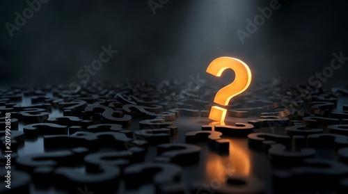 Bright golden question mark illuminated by a spotlight shining through darkness representing hope, discovery, and ultimate solution to difficult challenges
