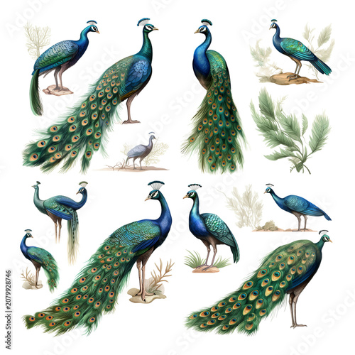 Collection of Elegant Peacock Illustrations Featuring Vibrant Plumage and Regal Postures for Decorative Nature Art