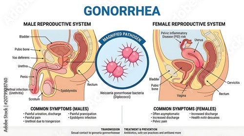 Medical infographic comparing gonorrhea in male and female reproductive systems