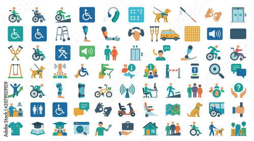 Collection of icons representing accessibility and disability support services and symbols.