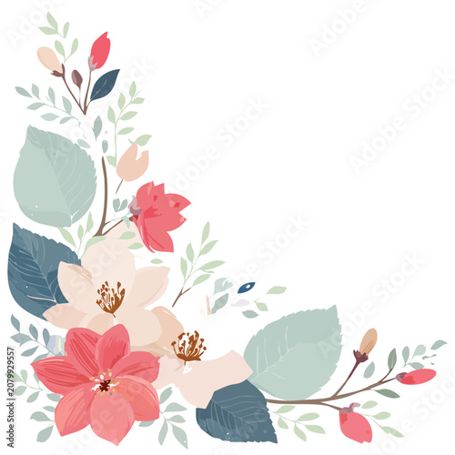 Floral corner vector illustration with pink and teal flowers