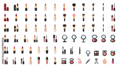 Bild auf Leinwand Collection of various makeup products and accessories, including lipsticks, brushes, mirrors, and eyeshadow palettes, presented in a clean, organized grid